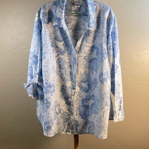 Sigrid Olsen Light Blue Floral Print 100% Linen Shirt